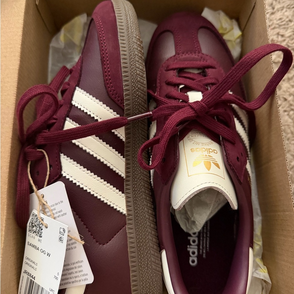 Women’s Adidas Burgundy and Cream Samba Sneakers